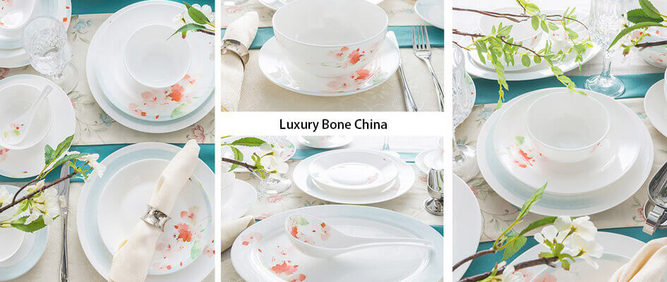 White bone china dinnerware with flower decoration
