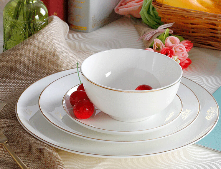 bone china bowl and plates with gold line