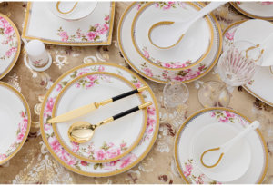 bone china plates with flower decoration and gold rim