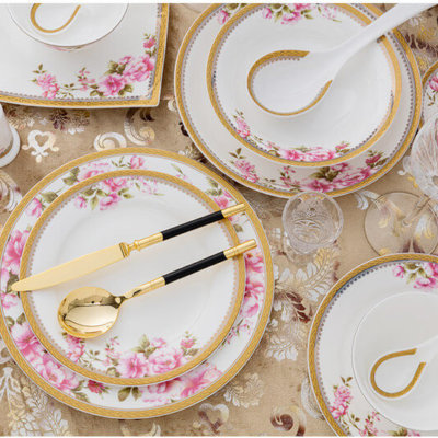 bone china plates with flower decoration and gold rim