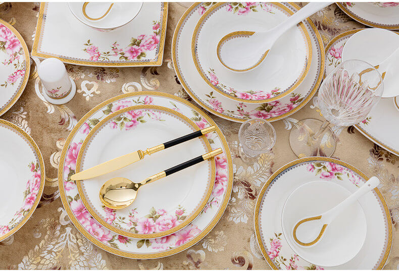 Wholesale royal bone china luxury dinner set flower decal printing
