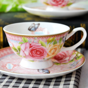 flower decoration bone china cup and saucer set