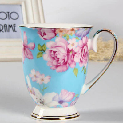 blue back fine bone china mug with flower decoration