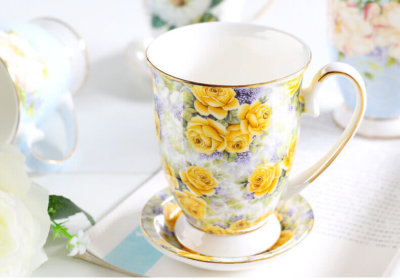 yellow flower decoration bone china mug