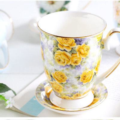 yellow flower decoration bone china mug