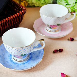 blue and pink bone china cup saucer set