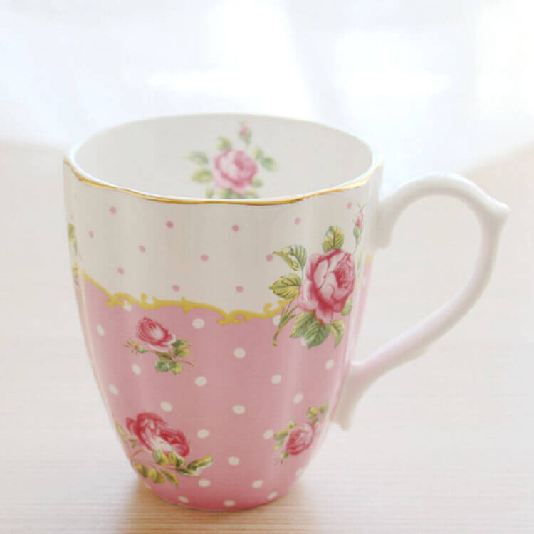 polka pink roses bone china mugs